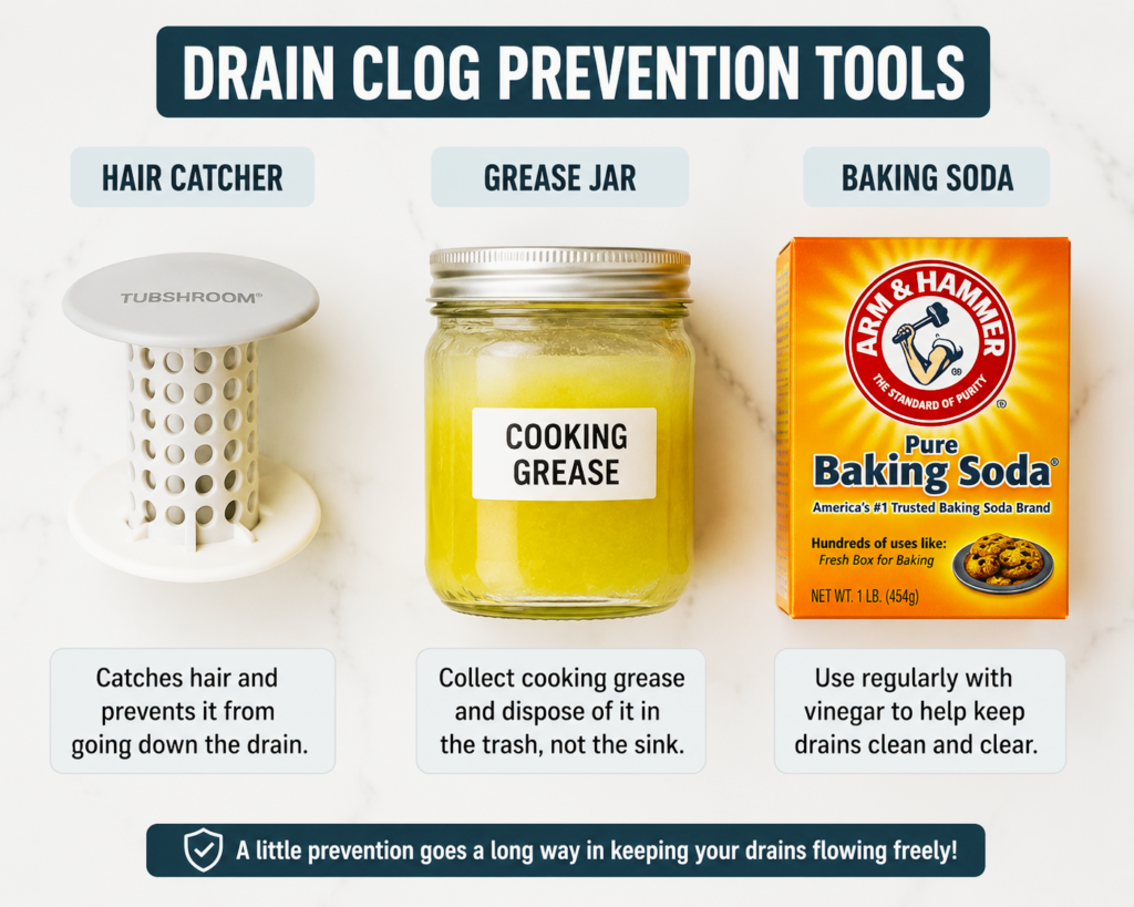 drain clog prevention tools including hair catcher grease jar and baking soda