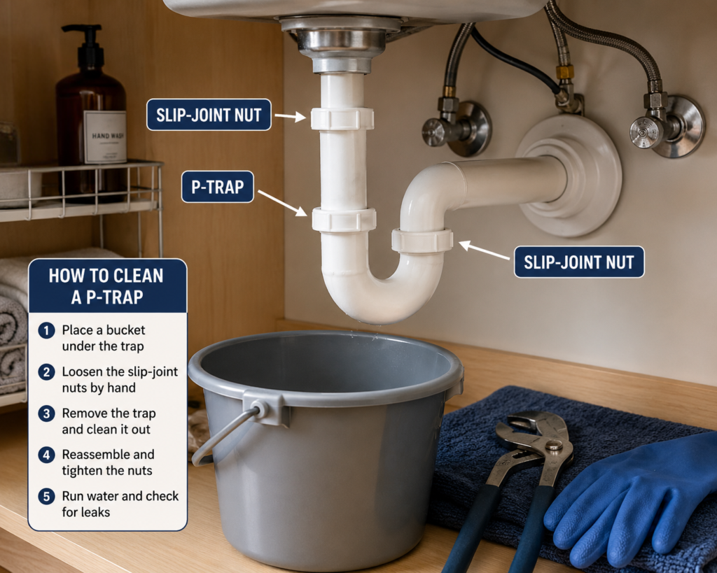 how to remove and clean p-trap under sink to unclog drain step by step