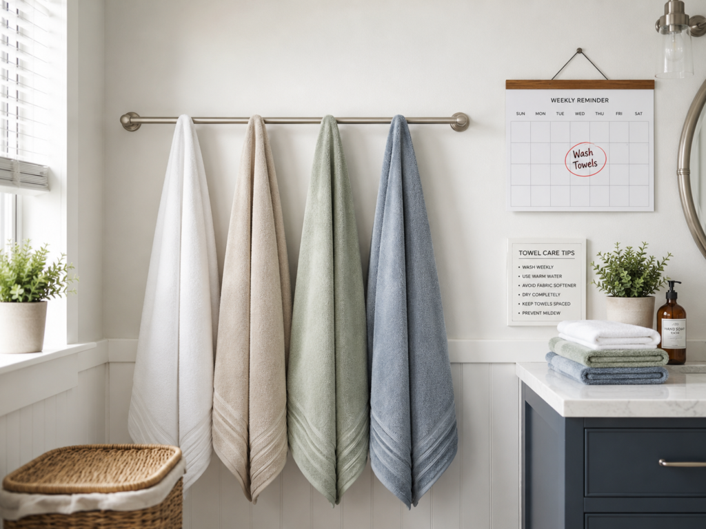 bath towels hung on towel bar spread out to dry preventing mildew smell between washes