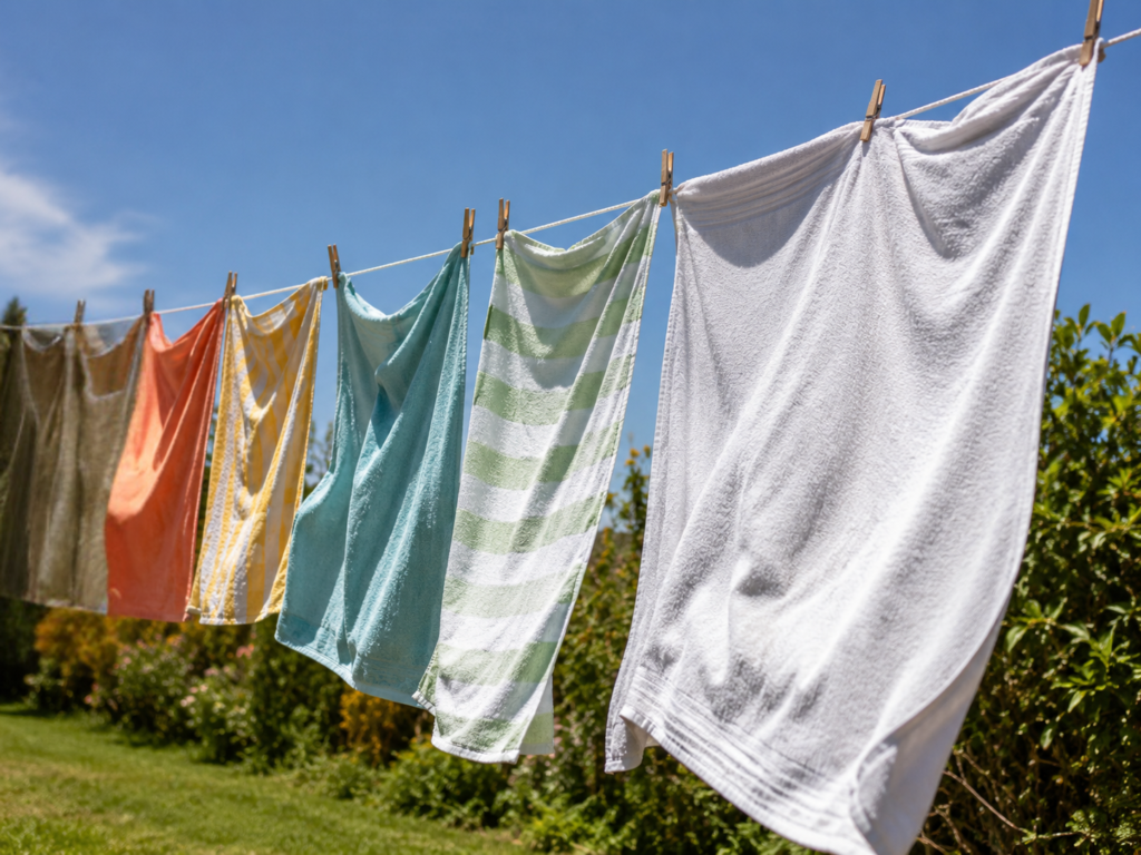 bath towels hanging on clothesline in direct sunlight to kill mildew and remove musty smell