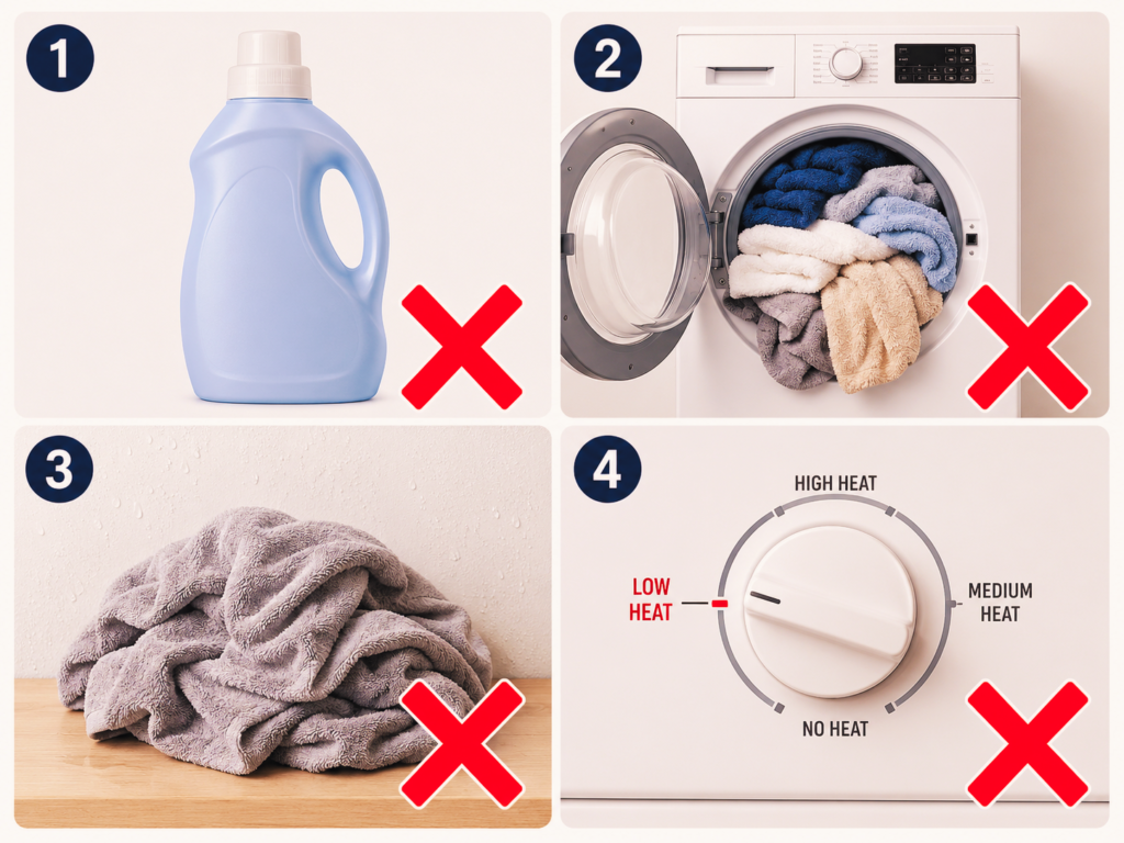 common mistakes that cause mildew smell in towels including fabric softener and low heat drying