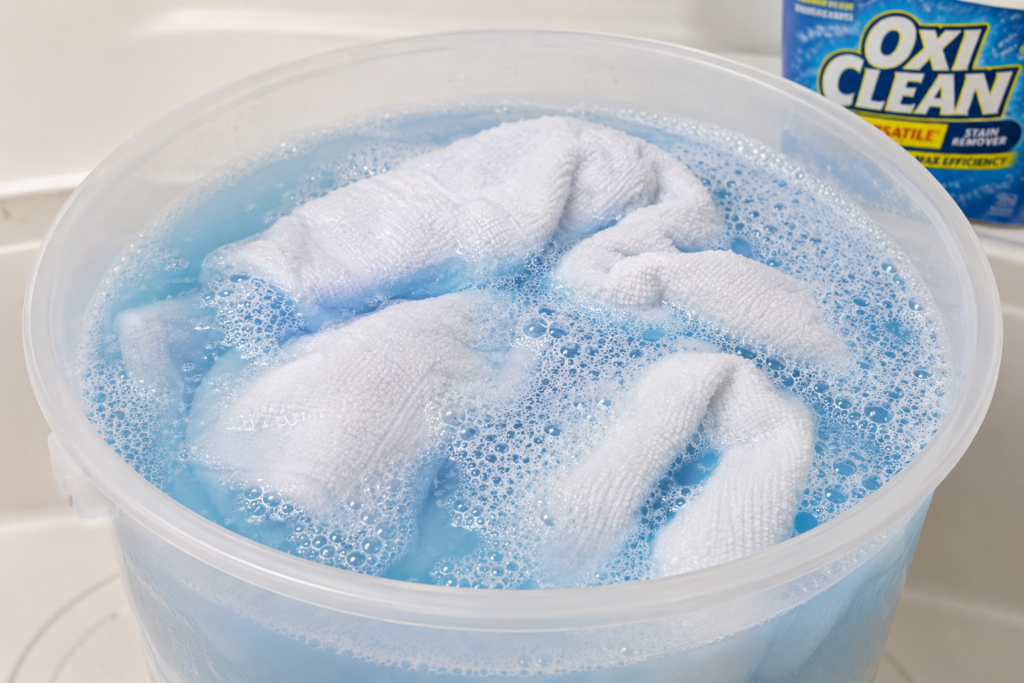 soaking mildew smelling towels in oxiclean oxygen bleach solution to remove musty odor