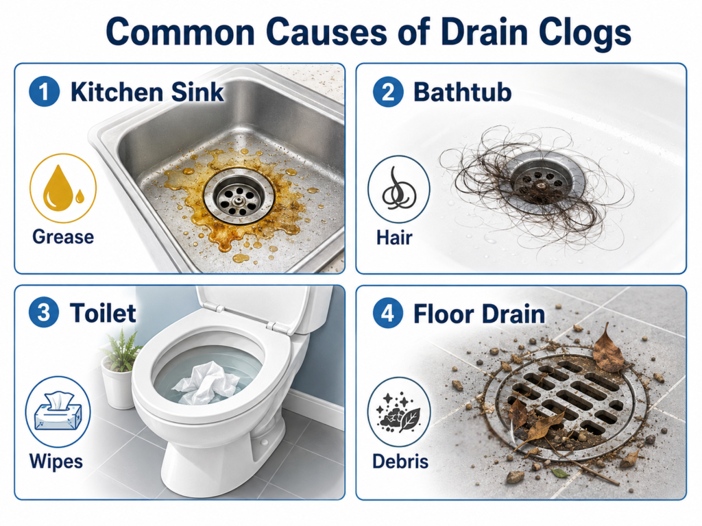 common causes of drain clogs infographic showing grease hair wipes and debris by drain type