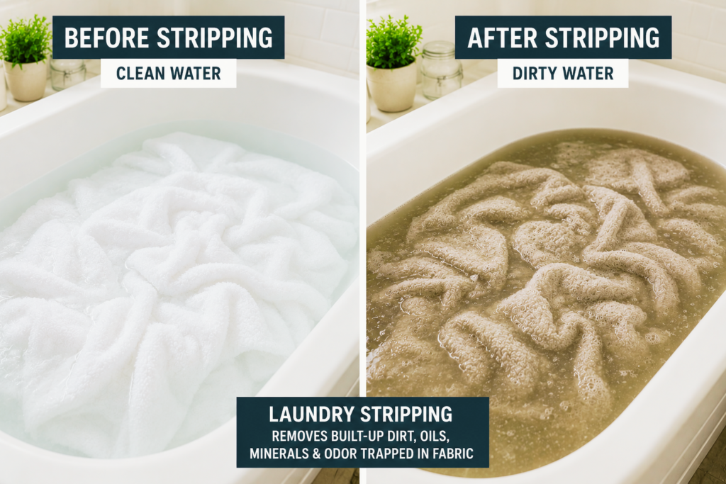 laundry stripping towels in bathtub showing dirty gray water released from fabric fibers