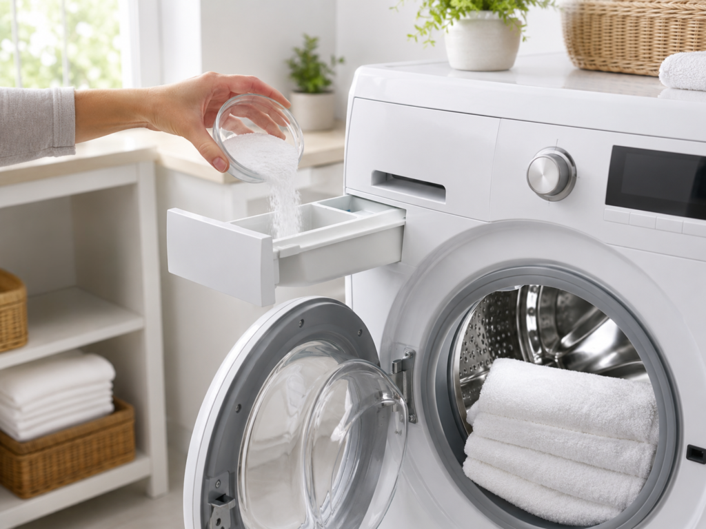 adding baking soda to washing machine to deodorize and freshen mildew smelling towels