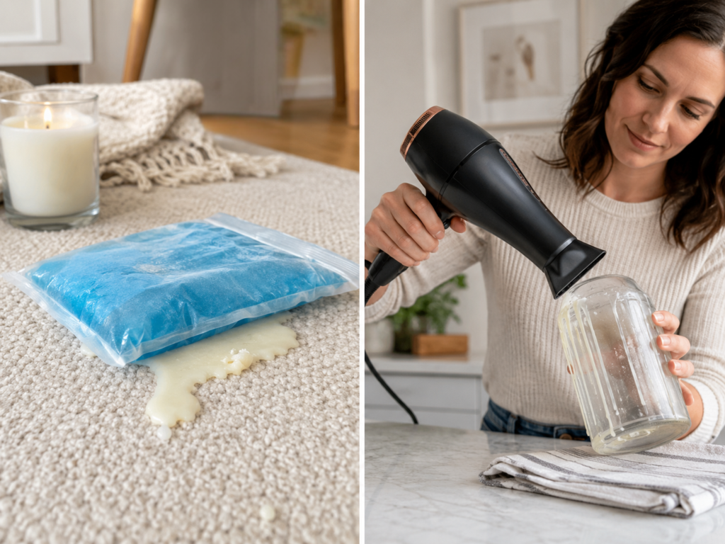 freeze candle wax with ice pack vs melt with hair dryer two methods shown side by side