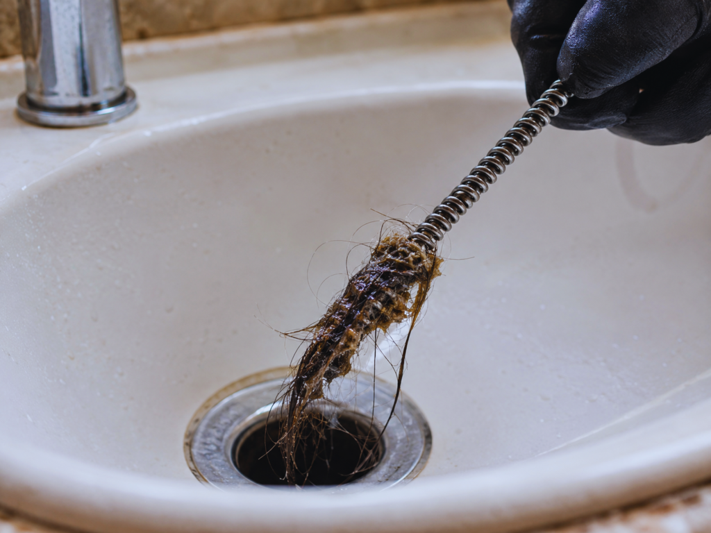 using a drain snake auger to remove hair clog from bathroom sink drain