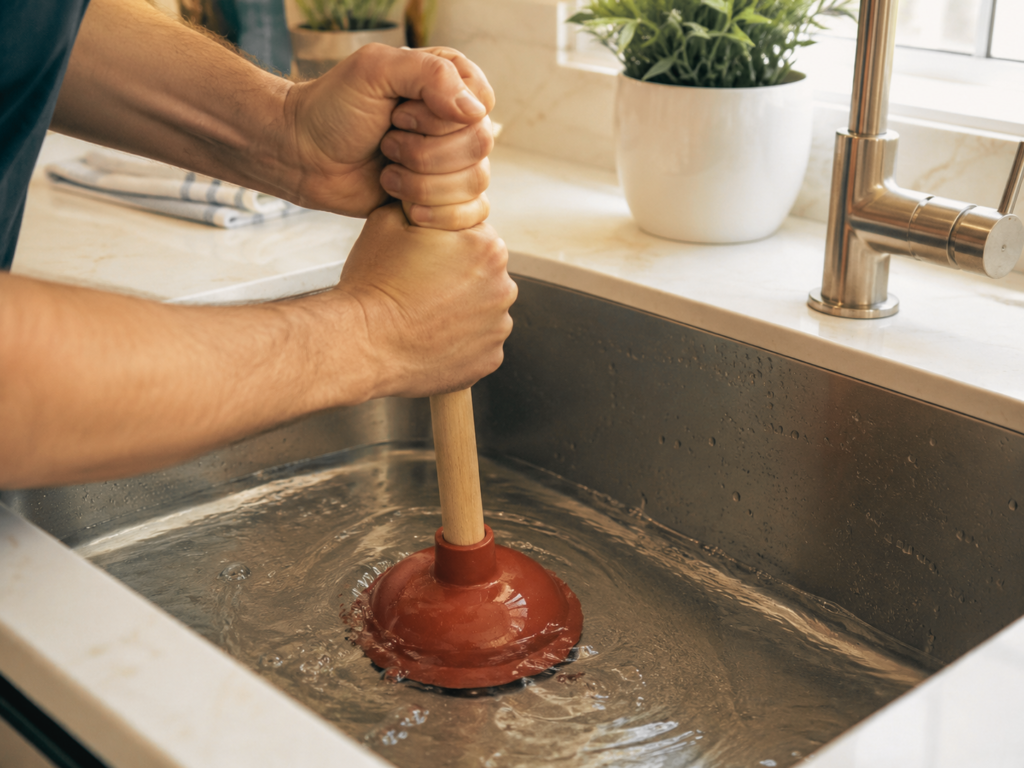 how to use a plunger to unclog a kitchen sink drain step by step