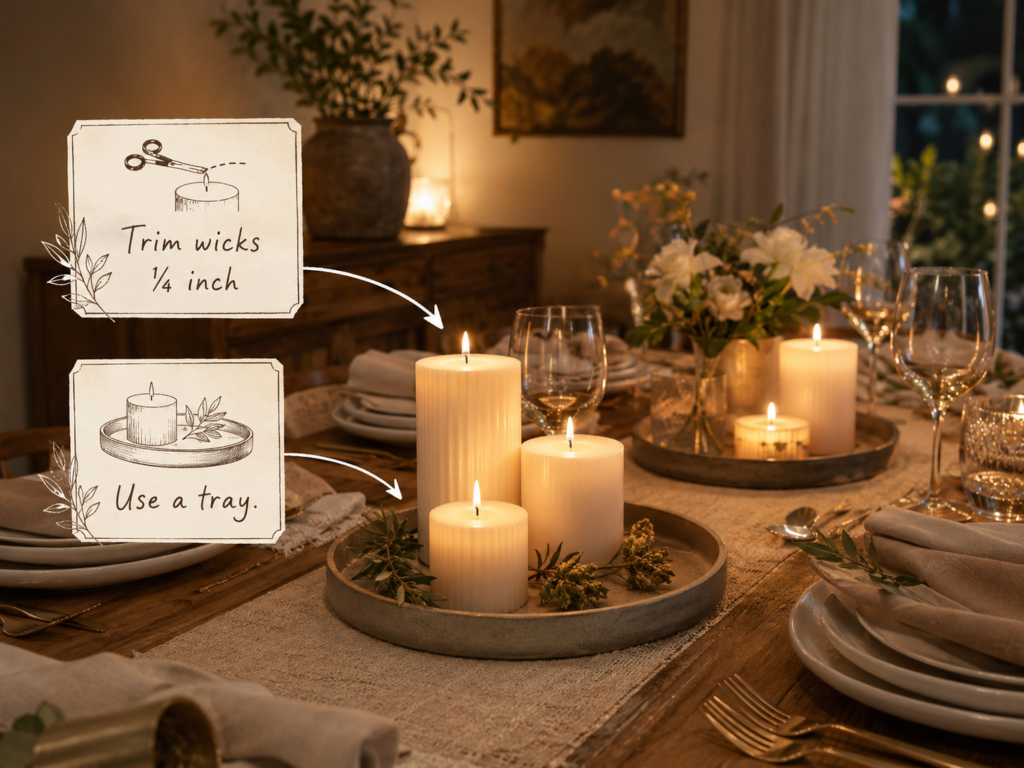 candle safety tips infographic showing trimmed wick and candle tray to prevent wax drips