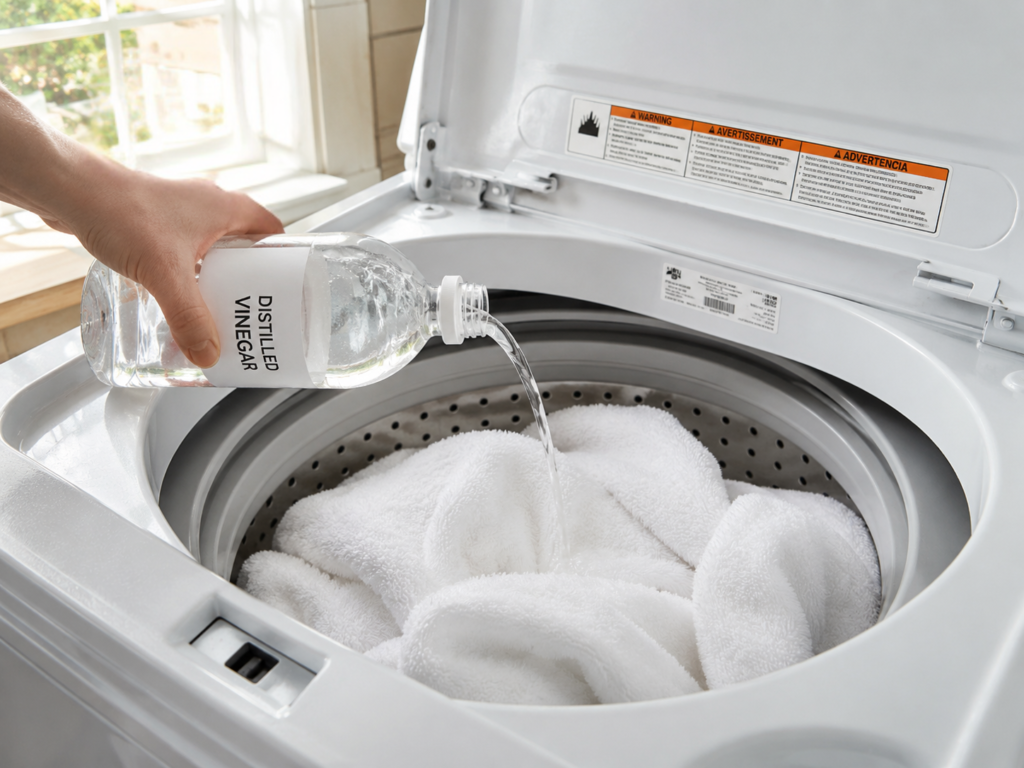 pouring white vinegar into washing machine to remove mildew smell from towels