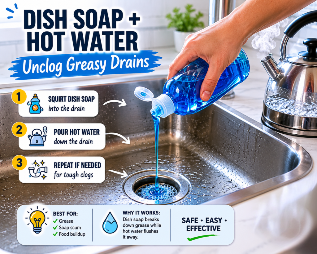 dish soap and hot water method to unclog grease buildup in kitchen sink drain