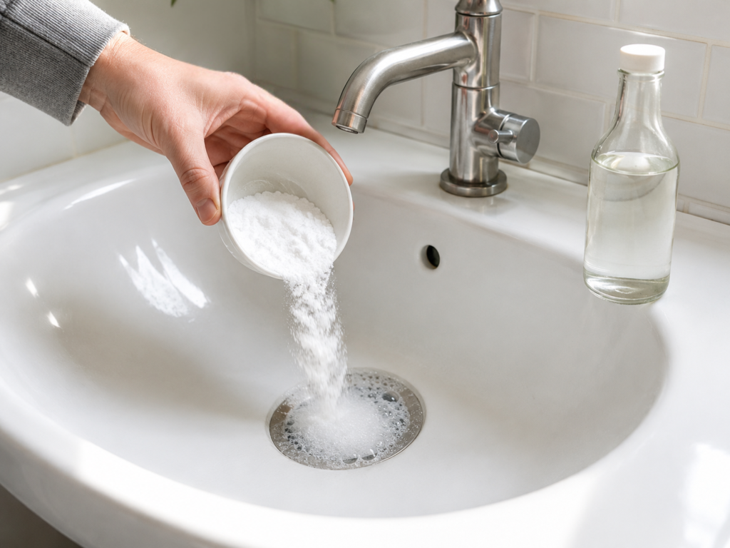 baking soda and vinegar natural drain cleaner method for unclogging bathroom sink drain