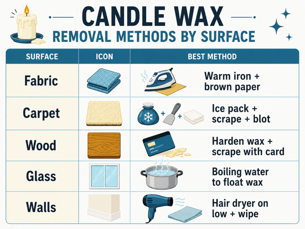 candle wax removal methods by surface type infographic comparison chart