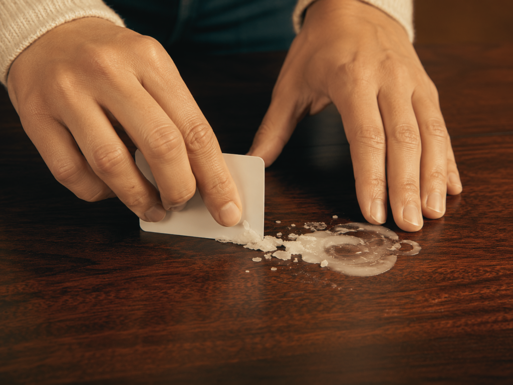 remove candle wax from wood table using credit card scraper method